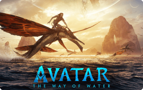 Avatar the way of water: depiction of a few of the species, one riding/flying the other, above water with big rocks and the sky in the background.