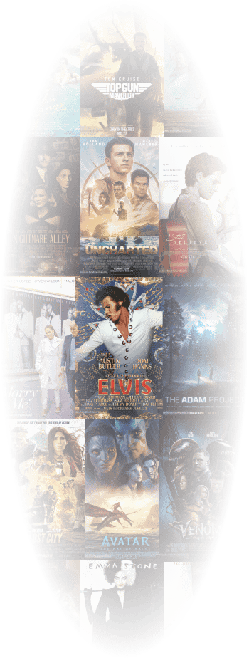 Movie collage with a lot if different videos from Square Eyes content library: such as Elvis, Avatar, Curealla, The Adam Project, Marry me, and so on.